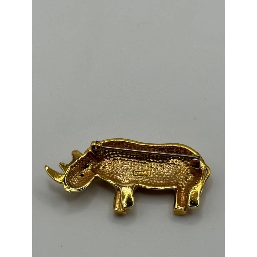 Vintage‎ Krementz Rhino Brooch Rhinestone Eye Gold Tone Pin